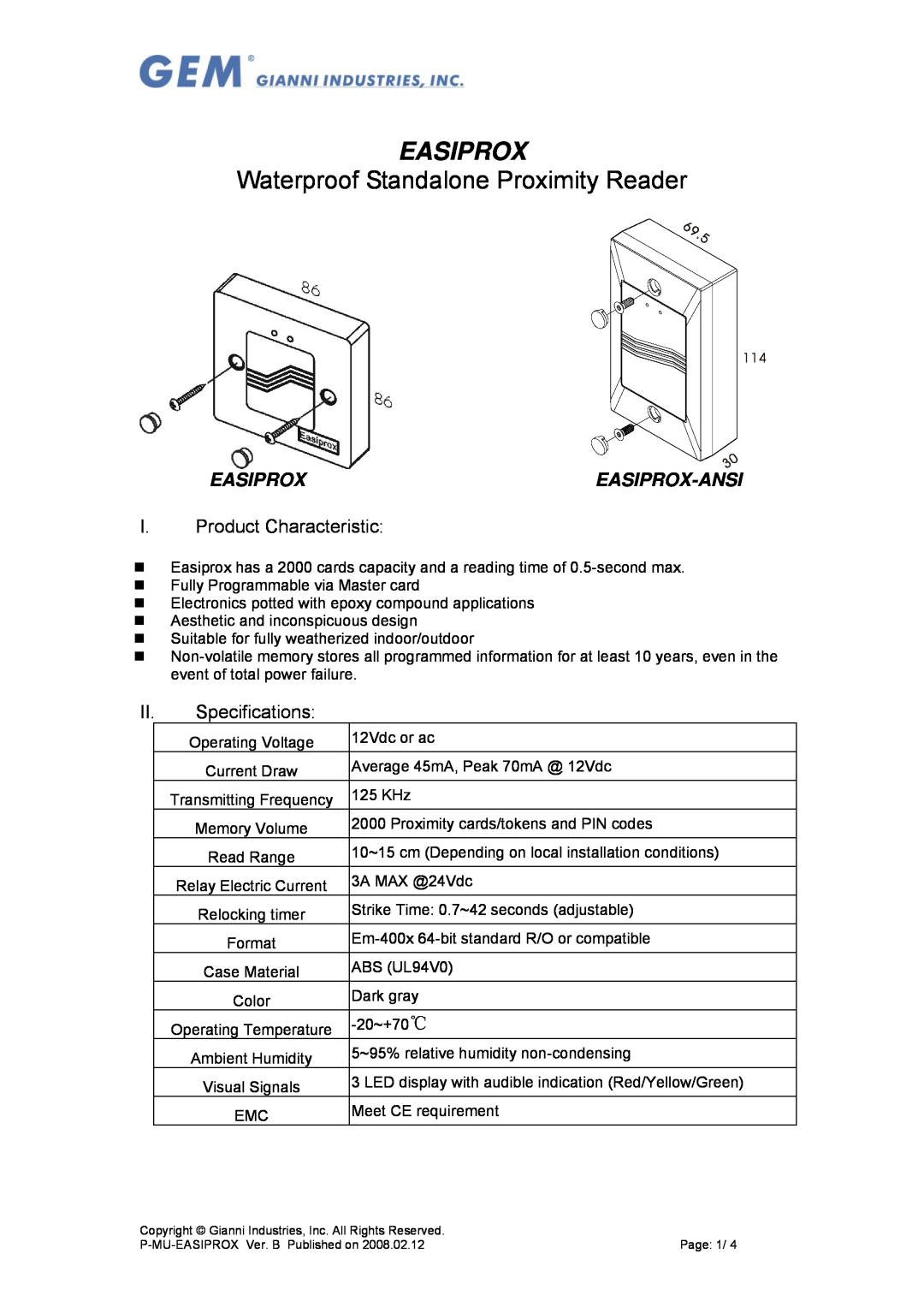 Gianni Industries P-MU-EASIPROX specifications I. Product Characteristic, II. Specifications, Easiprox-Ansi 