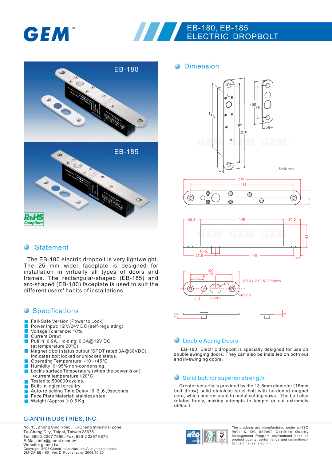 Gianni Industries EB-185, EB-180 specifications Dimension, Statement, Specifications, Double Acting Doors 