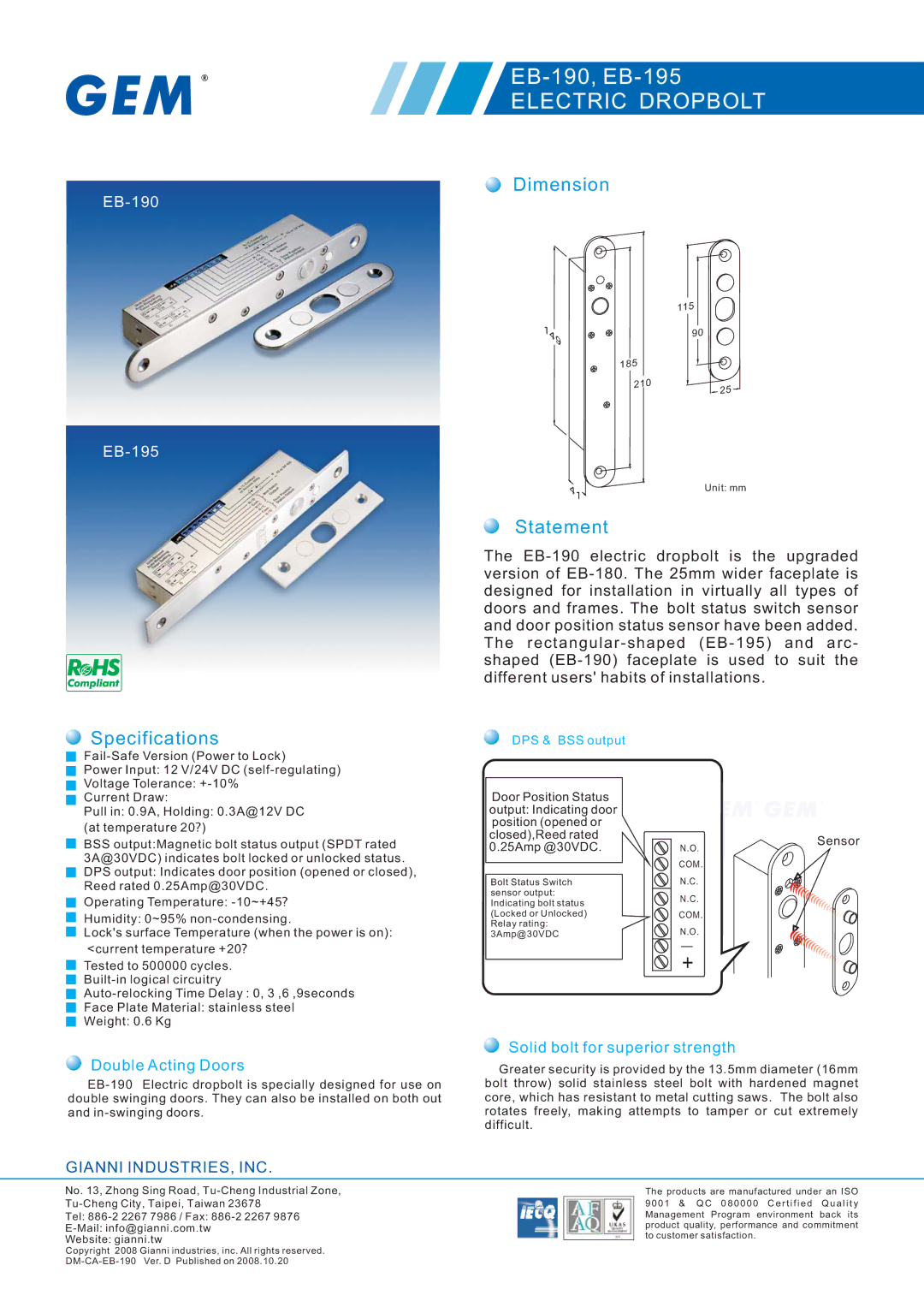 Gianni Industries EB-190, EB-195 specifications Dimension, Statement, Specifications, Double Acting Doors 