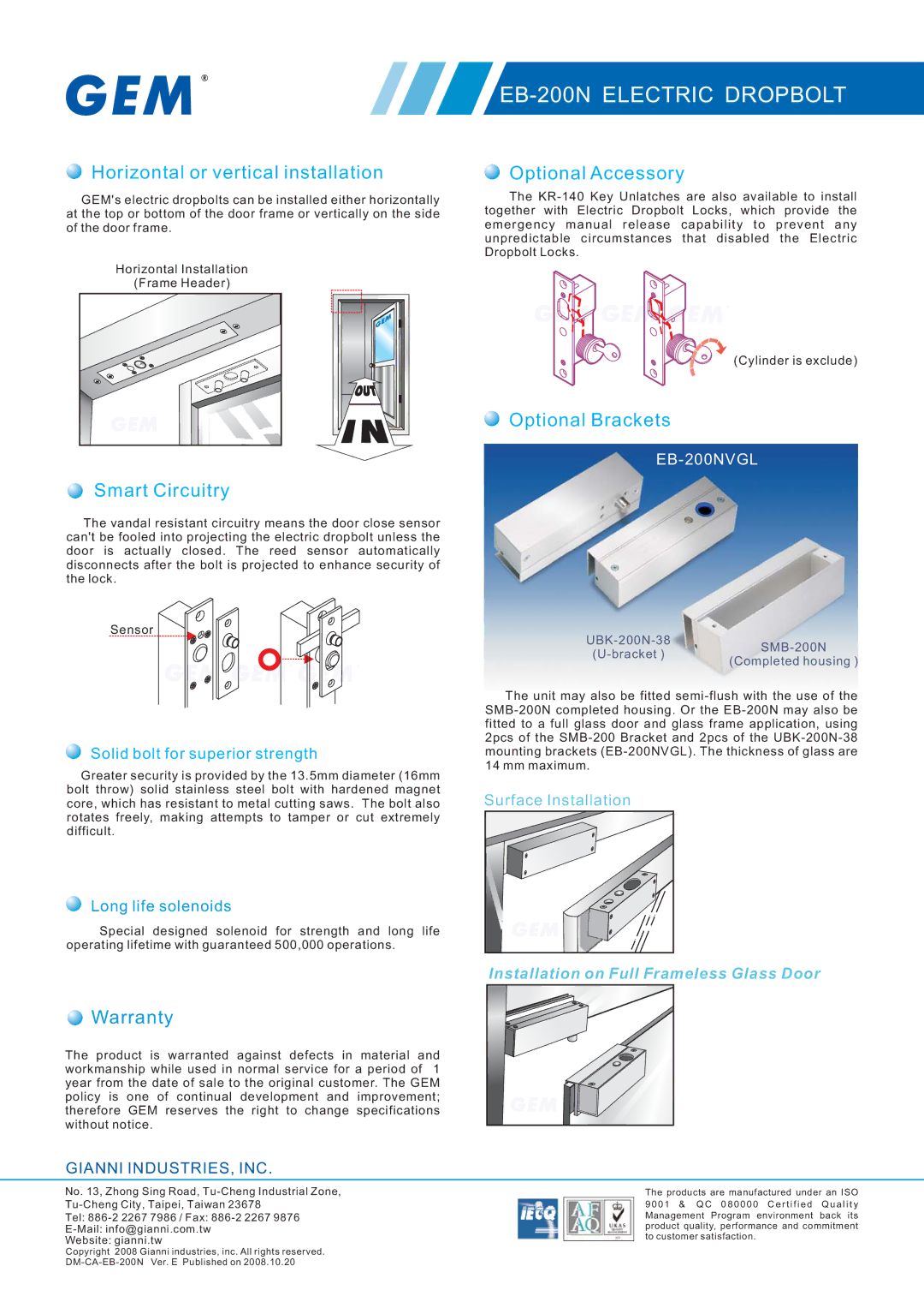 Gianni Industries EB-200NVGL Horizontal or vertical installation, Smart Circuitry, Optional Accessory, Optional Brackets 