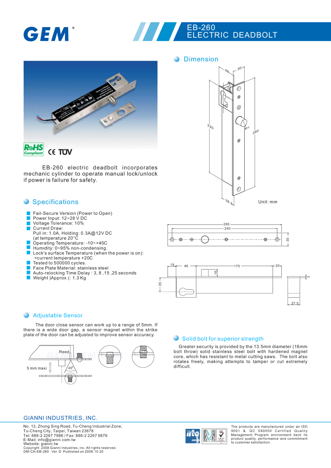 Gianni Industries EB-260 specifications Specifications Dimension, Adjustable Sensor, Solid bolt for superior strength 