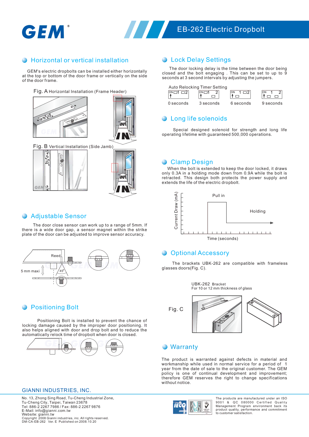 Gianni Industries EB-262 Horizontal or vertical installation, Lock Delay Settings, Long life solenoids, Adjustable Sensor 