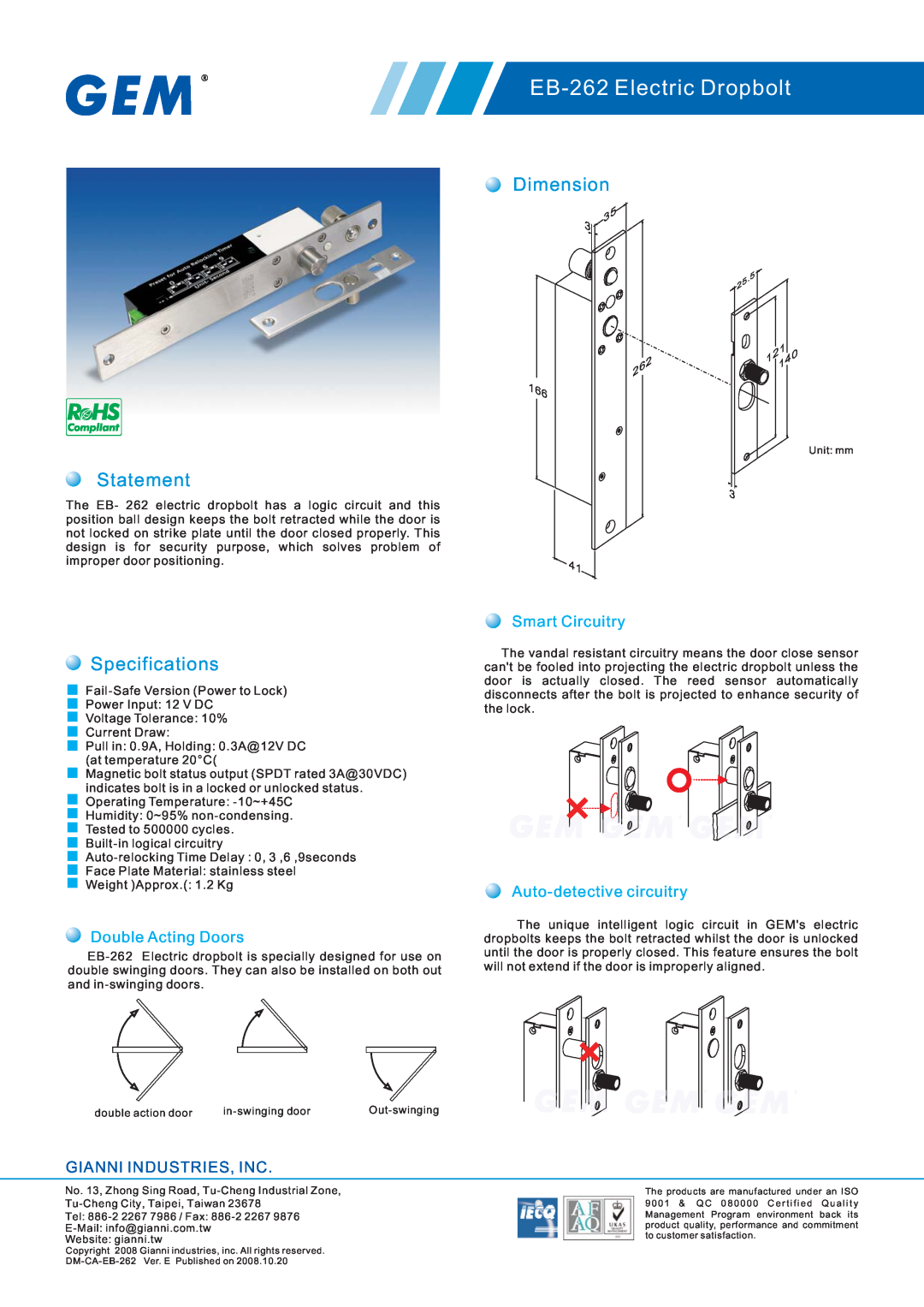 Gianni Industries specifications EB-262 Electric Dropbolt, Dimension, Statement, Specifications, Gianni Industries, Inc 