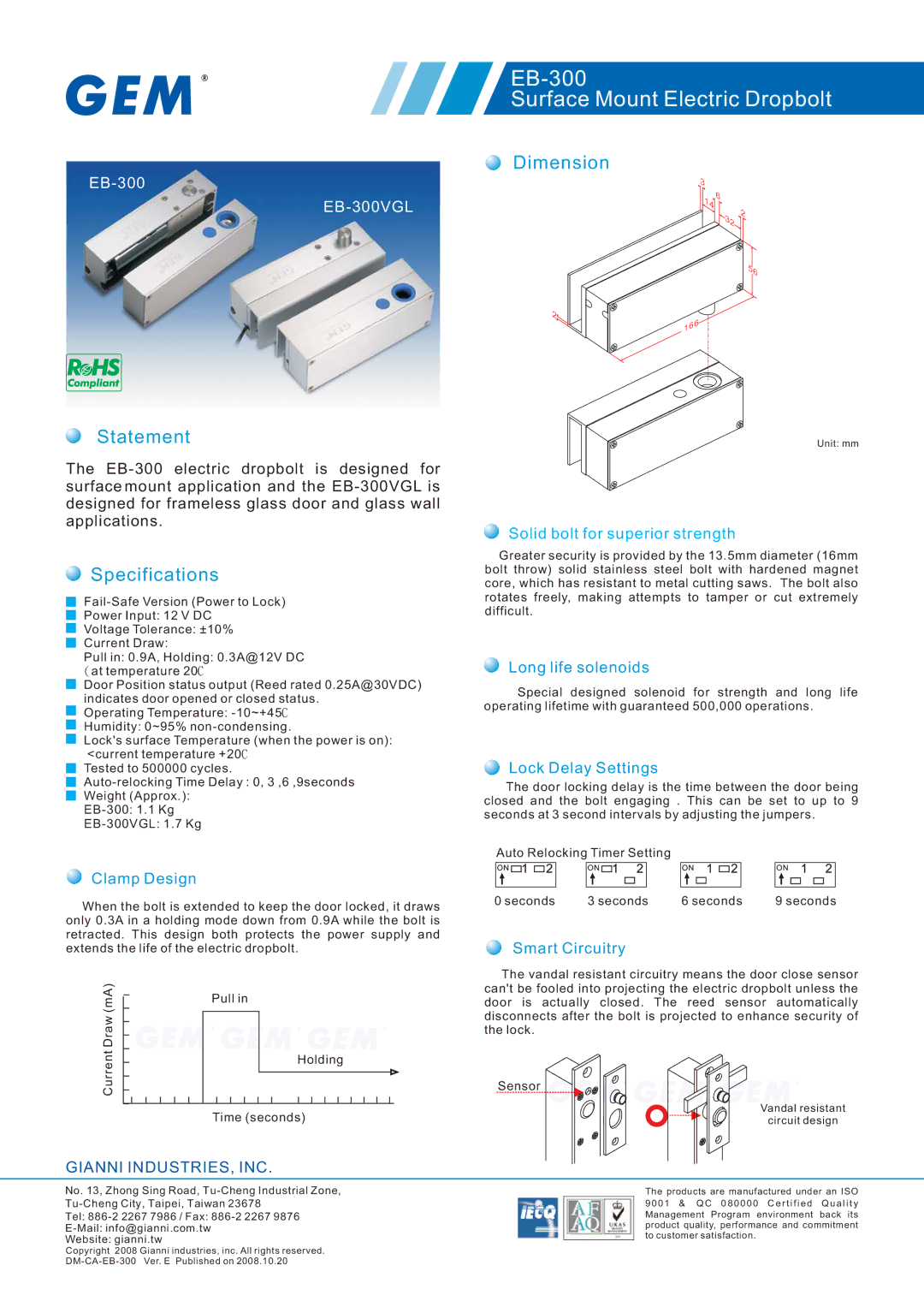 Gianni Industries EB-300VGL specifications Dimension, Statement, Specifications 