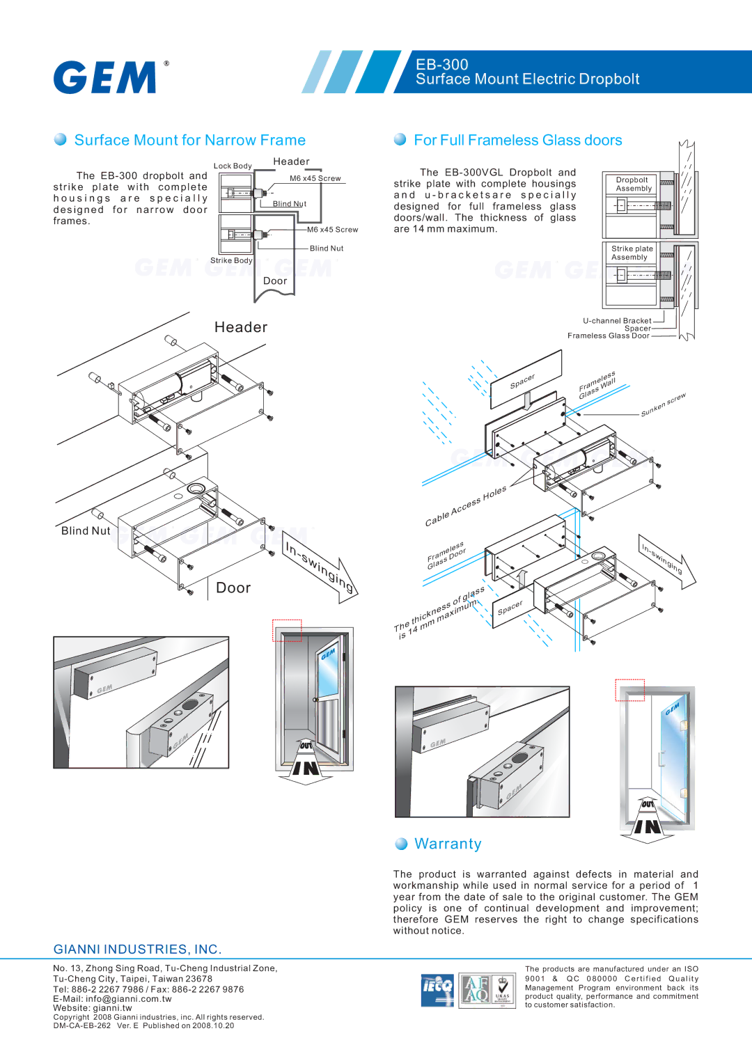 Gianni Industries EB-300VGL specifications EB-300 Surface Mount Electric Dropbolt, Holes Access Cable 