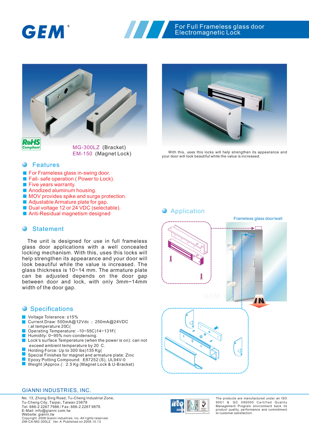 Gianni Industries Electromagnetic Lock warranty Features, Statement, Specifications, Application, Frameless glass door/wall 