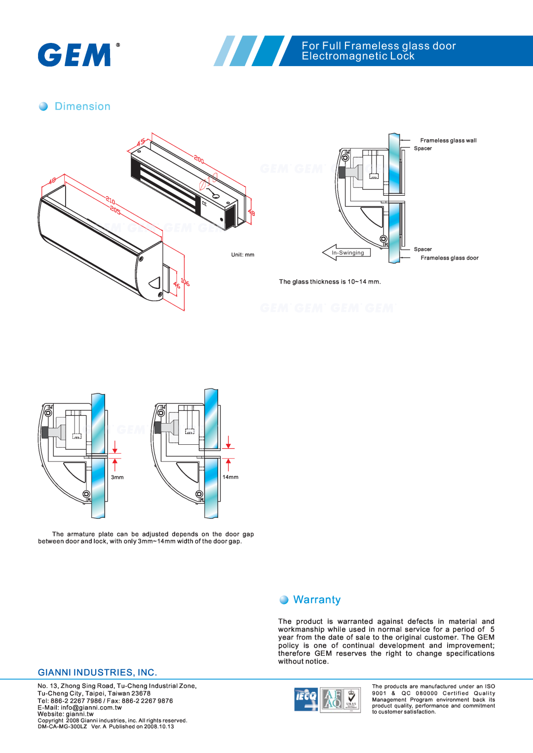 Gianni Industries warranty Dimension, For Full Frameless glass door Electromagnetic Lock, Warranty, Unit mm 