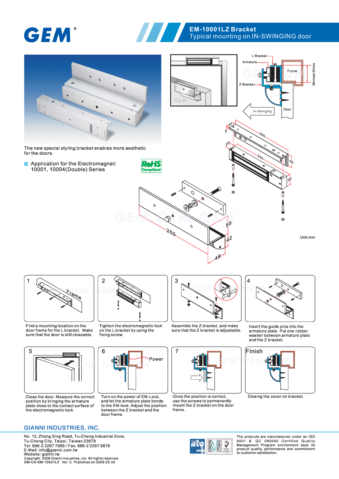 Gianni Industries manual EM-10001LZ Bracket, Typical mounting on IN-SWINGING door, Finish, Gianni Industries, Inc 