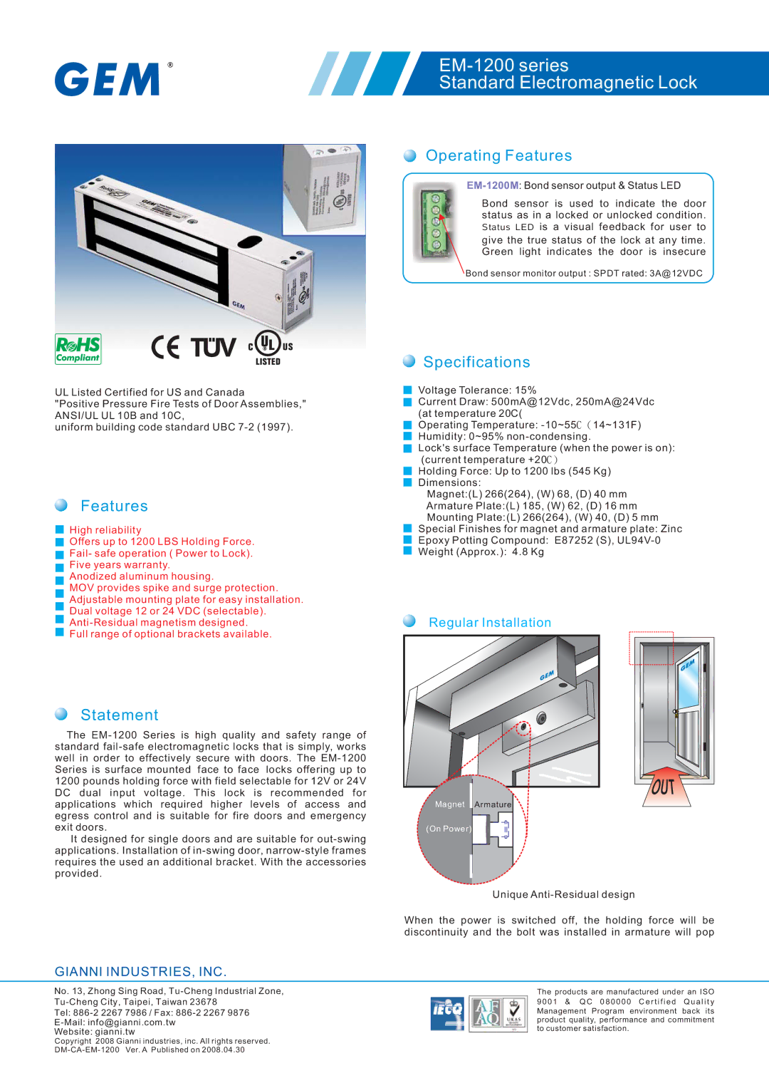 Gianni Industries specifications EM-1200 series Standard Electromagnetic Lock, Statement, Operating Features 