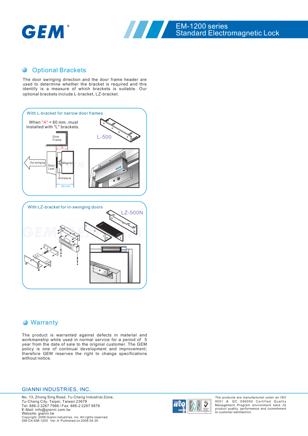 Gianni Industries EM-1200 specifications Optional Brackets, Warranty 