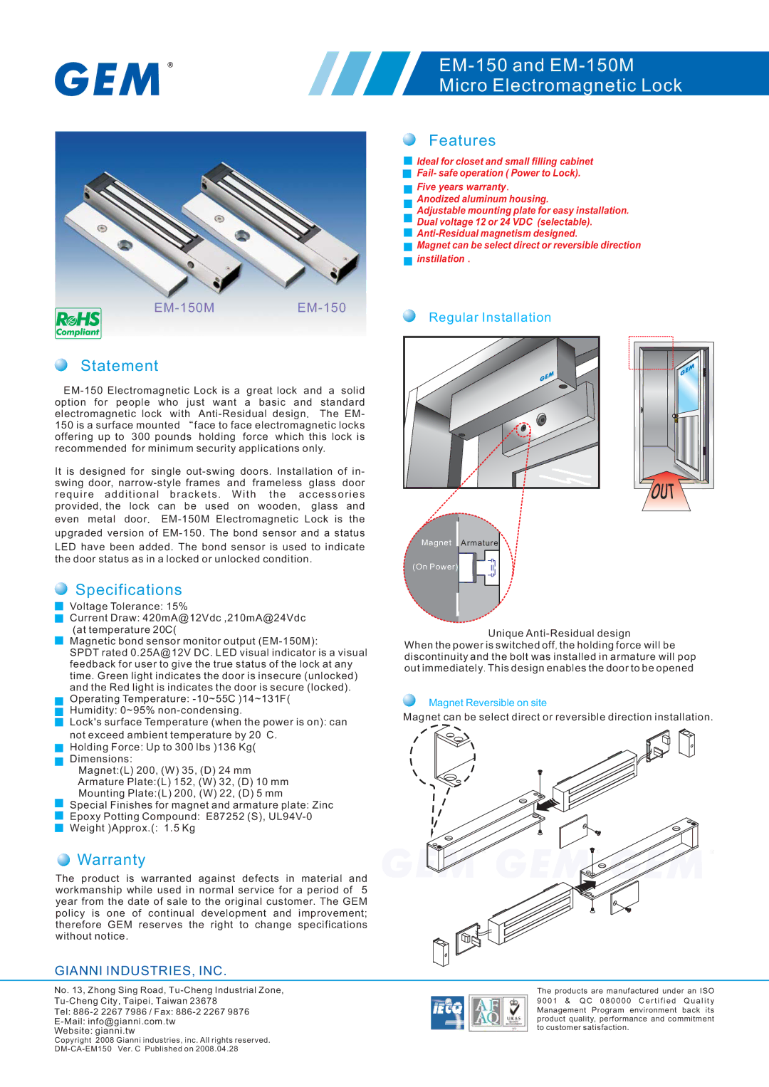 Gianni Industries specifications EM-150 and EM-150M Micro Electromagnetic Lock, Features, Statement, Specifications 