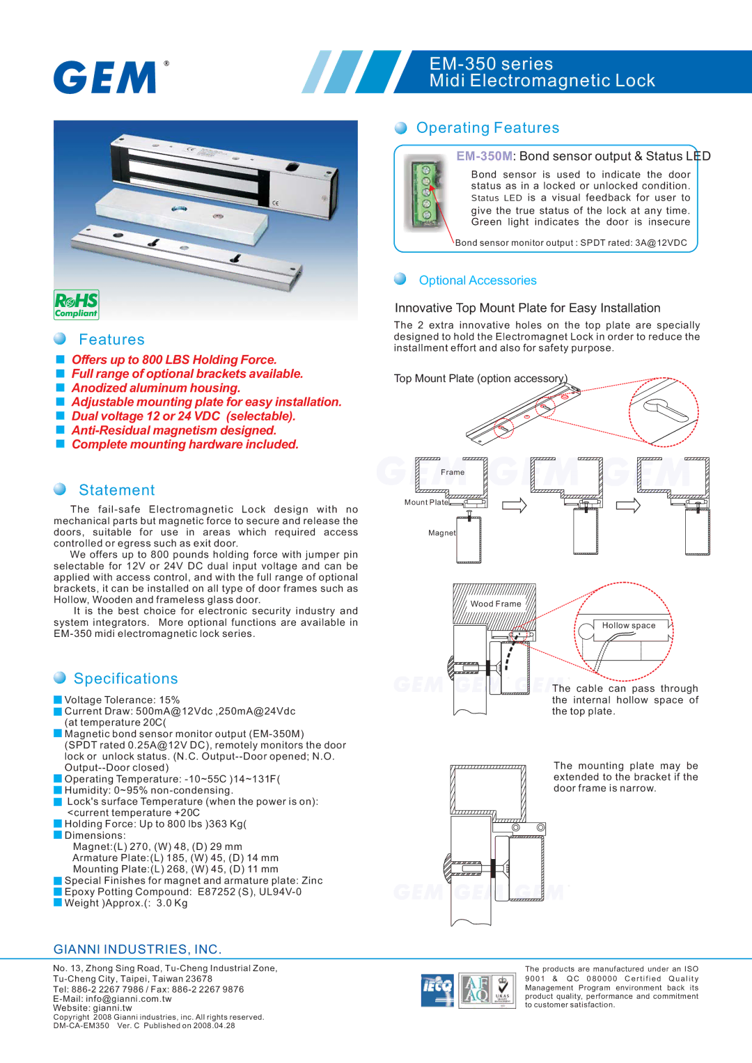 Gianni Industries EM-350 series specifications Statement, Specifications, Operating Features 