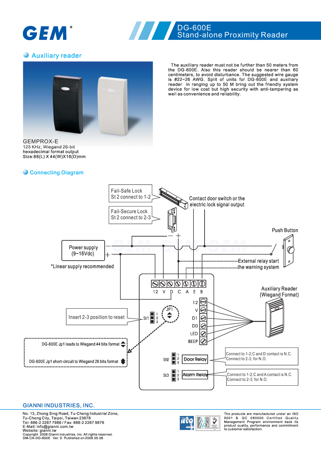Gianni Industries EM-400x Auxiliary reader, DG-600E Stand-alone Proximity Reader, Gemprox-E, Connecting Diagram 