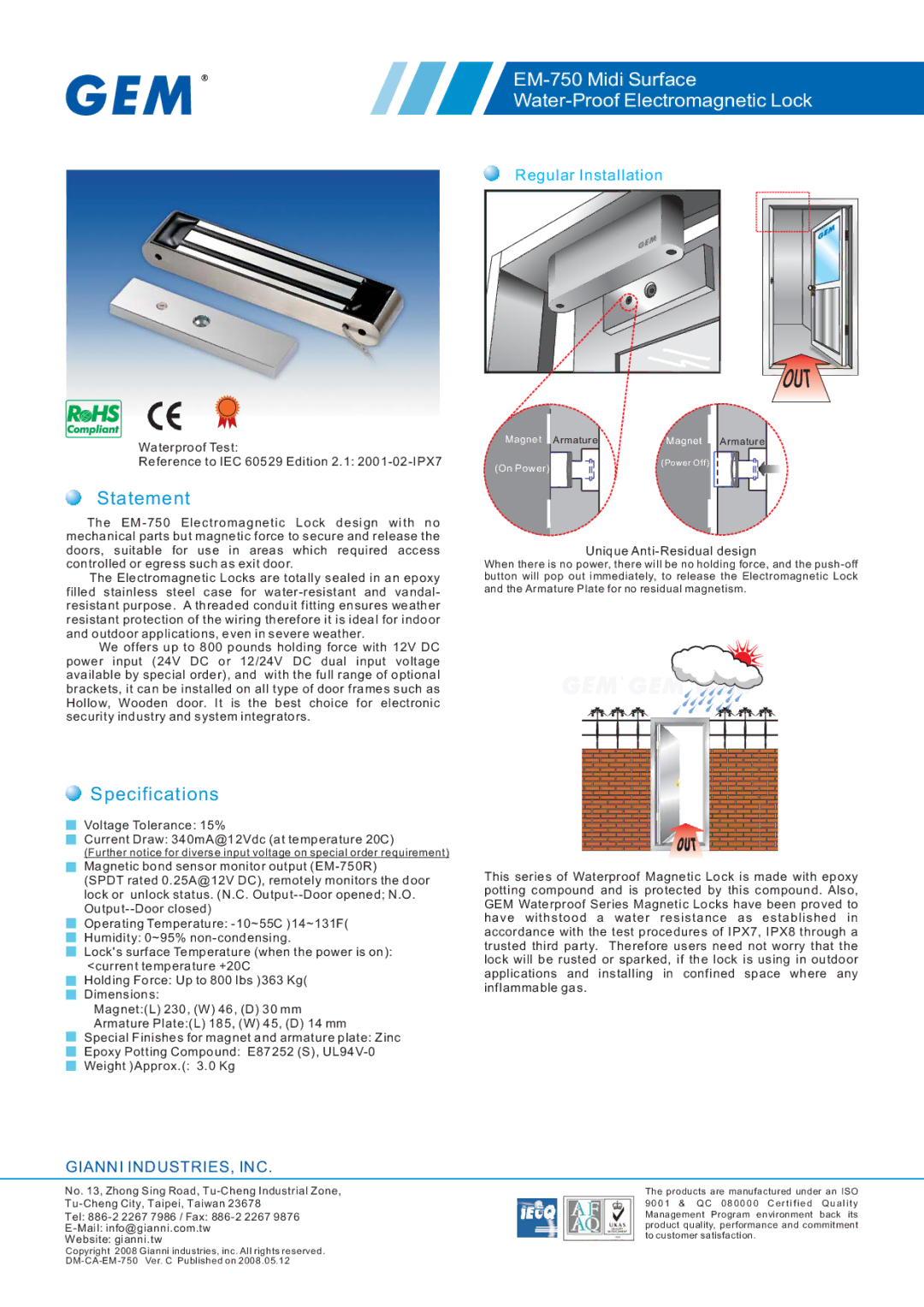 Gianni Industries specifications EM-750 Midi Surface Water-Proof Electromagnetic Lock, Statement, Specifications 