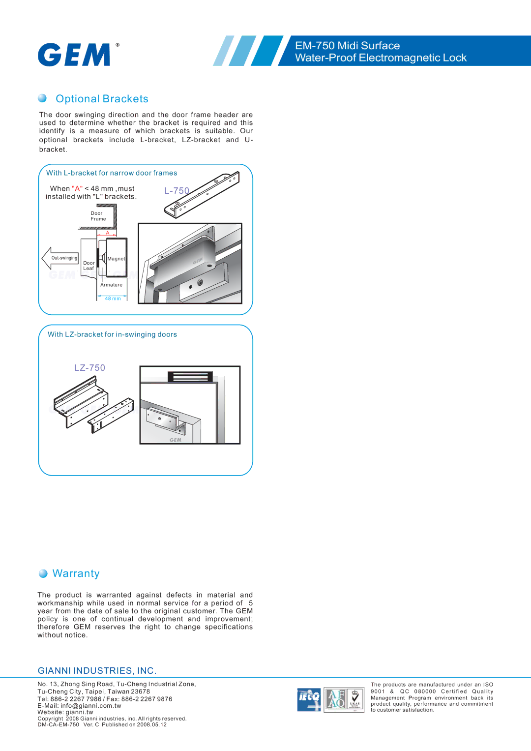 Gianni Industries EM-750 specifications Optional Brackets, Warranty, LZ-750 
