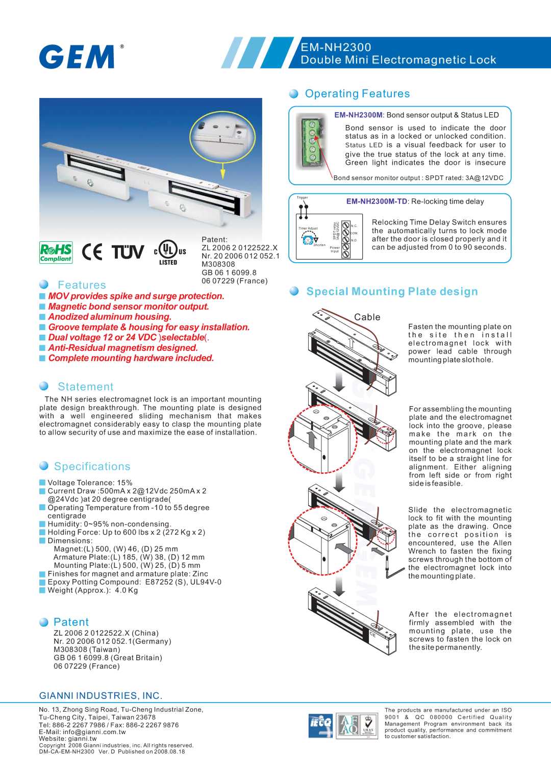 Gianni Industries EM-NH2300 specifications Statement, Specifications, Patent, Operating Features 