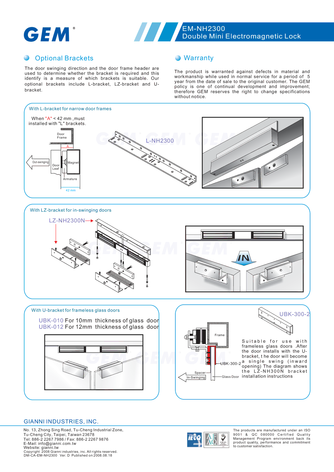 Gianni Industries EM-NH2300 specifications Optional Brackets, Warranty, LZ-NH2300N, UBK-300-2 