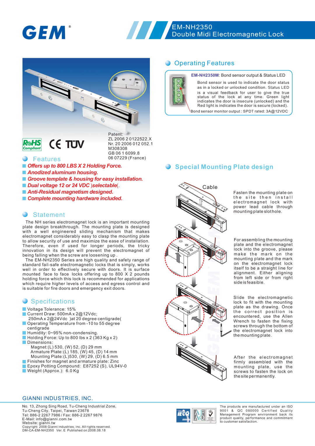 Gianni Industries EM-NH2350 specifications Statement, Specifications, Operating Features 