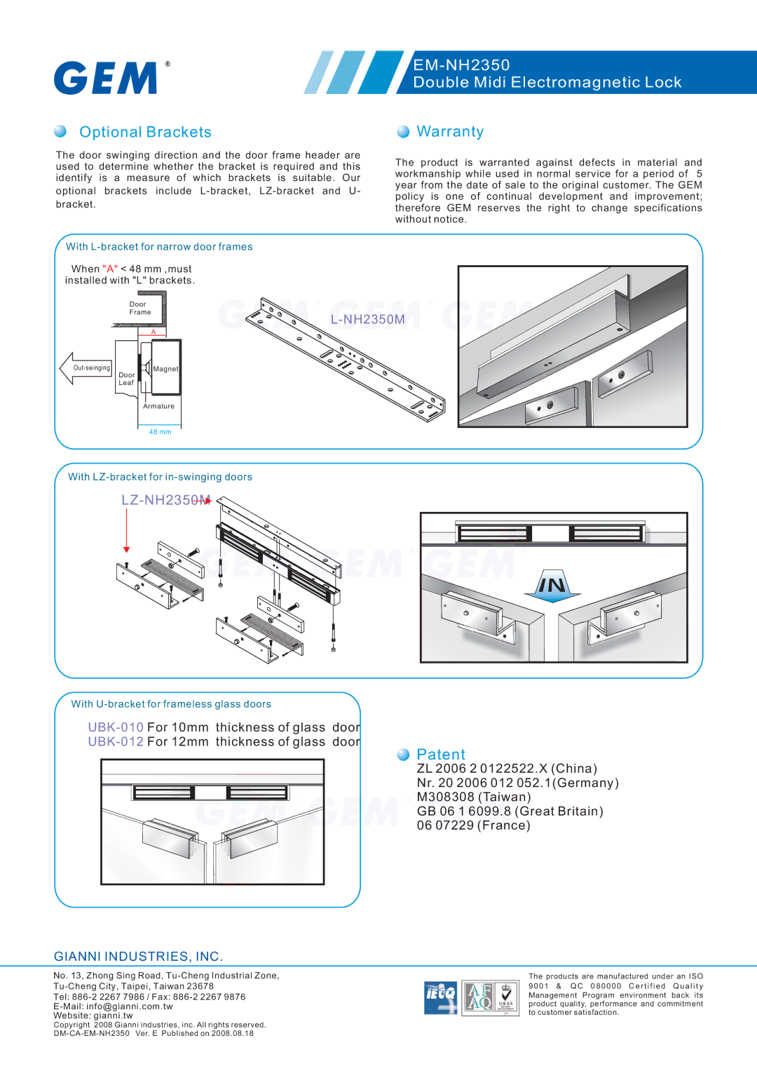 Gianni Industries EM-NH2350 specifications Optional Brackets, Warranty, Patent 