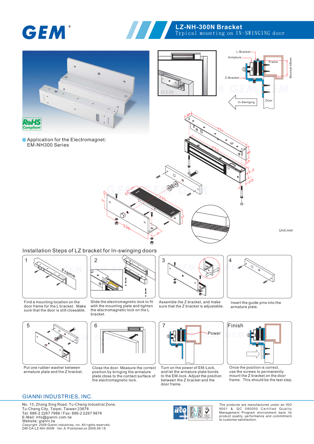 Gianni Industries manual LZ-NH-300N Bracket, Installation Steps of LZ bracket for In-swinging doors, Finish, Power 