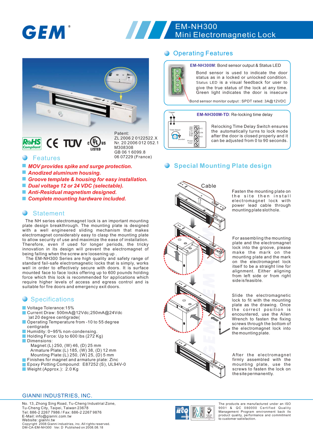 Gianni Industries EM-NH300 specifications Statement, Specifications, Operating Features 