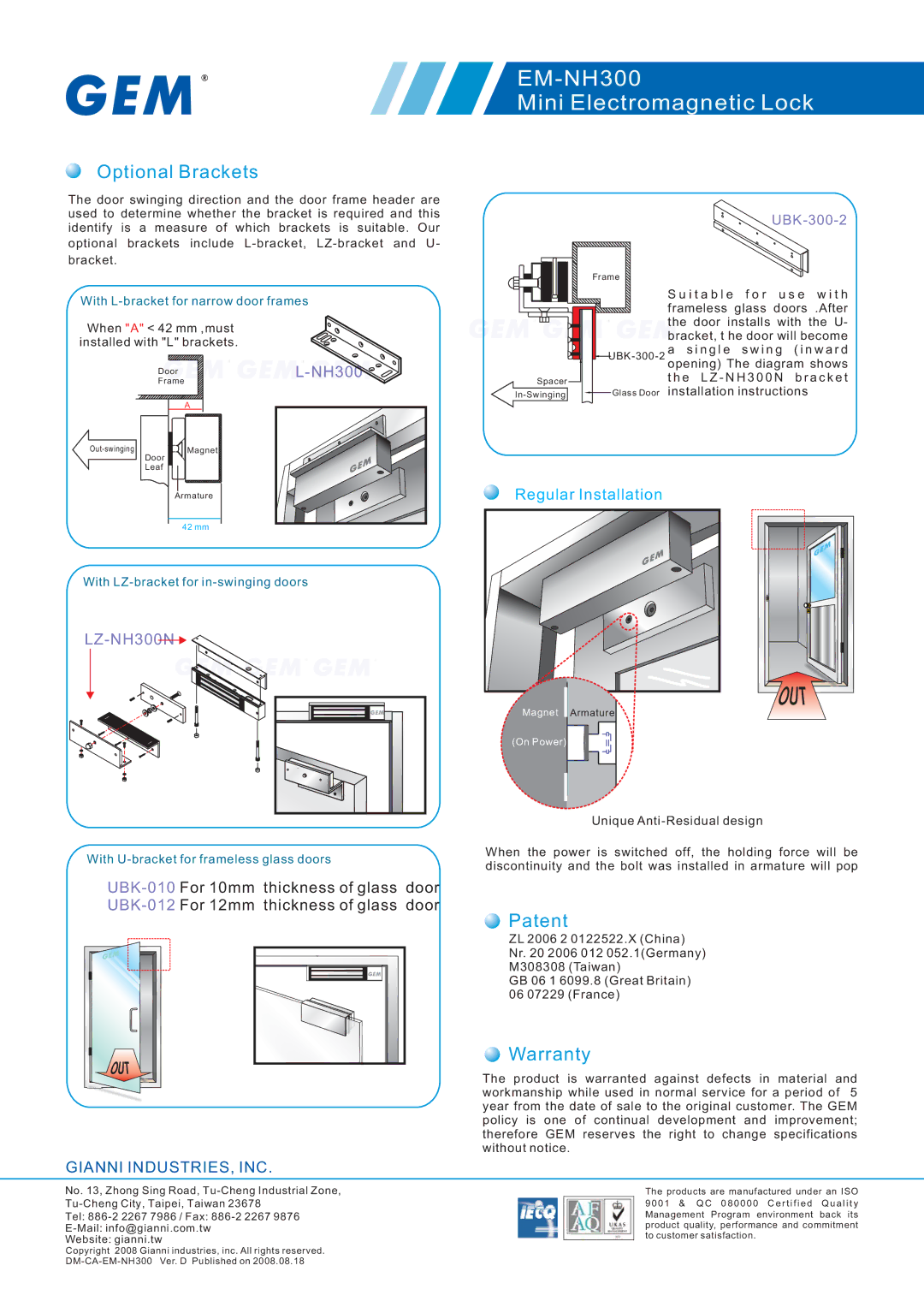 Gianni Industries EM-NH300 specifications Optional Brackets, Patent, Warranty 