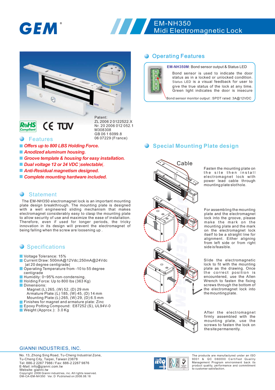 Gianni Industries EM-NH350 specifications Statement, Specifications, Operating Features 
