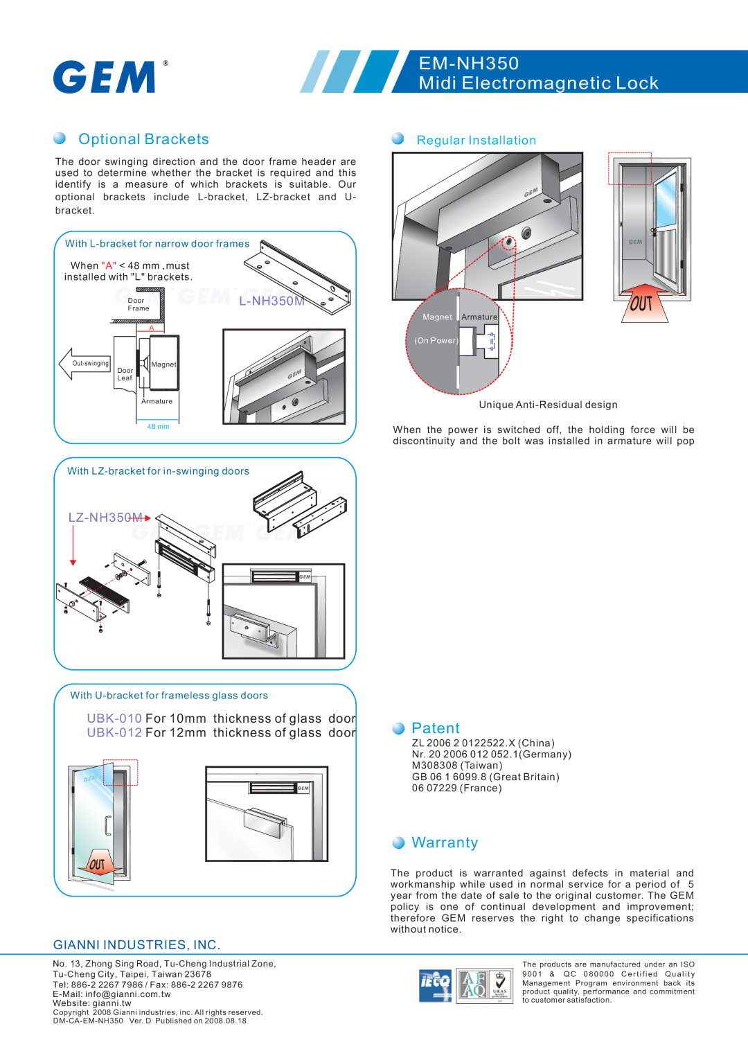 Gianni Industries EM-NH350 specifications Optional Brackets, Patent, Warranty, LZ-NH350M 