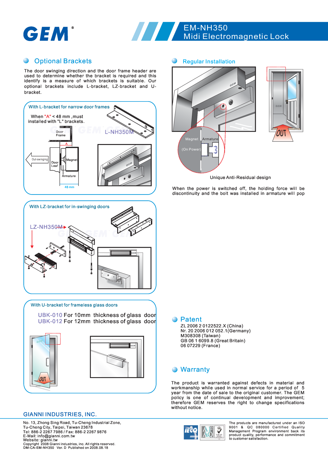 Gianni Industries Optional Brackets, Patent, Warranty, EM-NH350 Midi Electromagnetic Lock, Regular Installation 