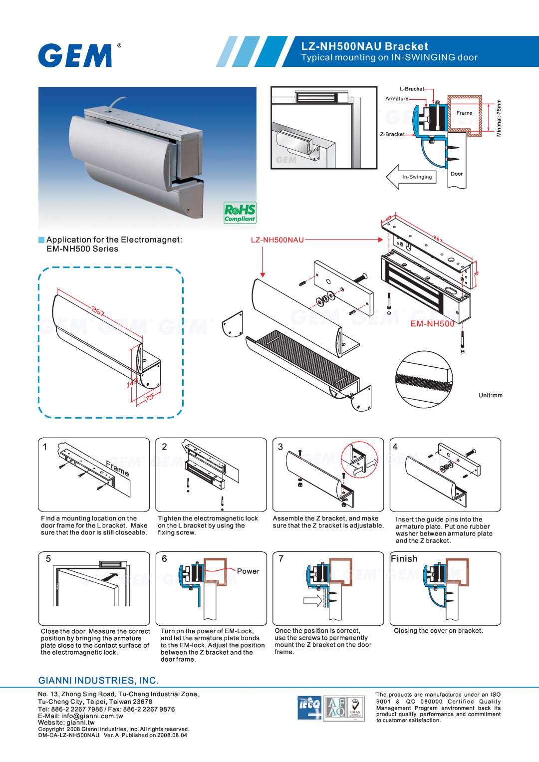 Gianni Industries manual LZ-NH500NAU Bracket, Typical mounting on IN-SWINGING door, Finish, Gianni Industries, Inc 