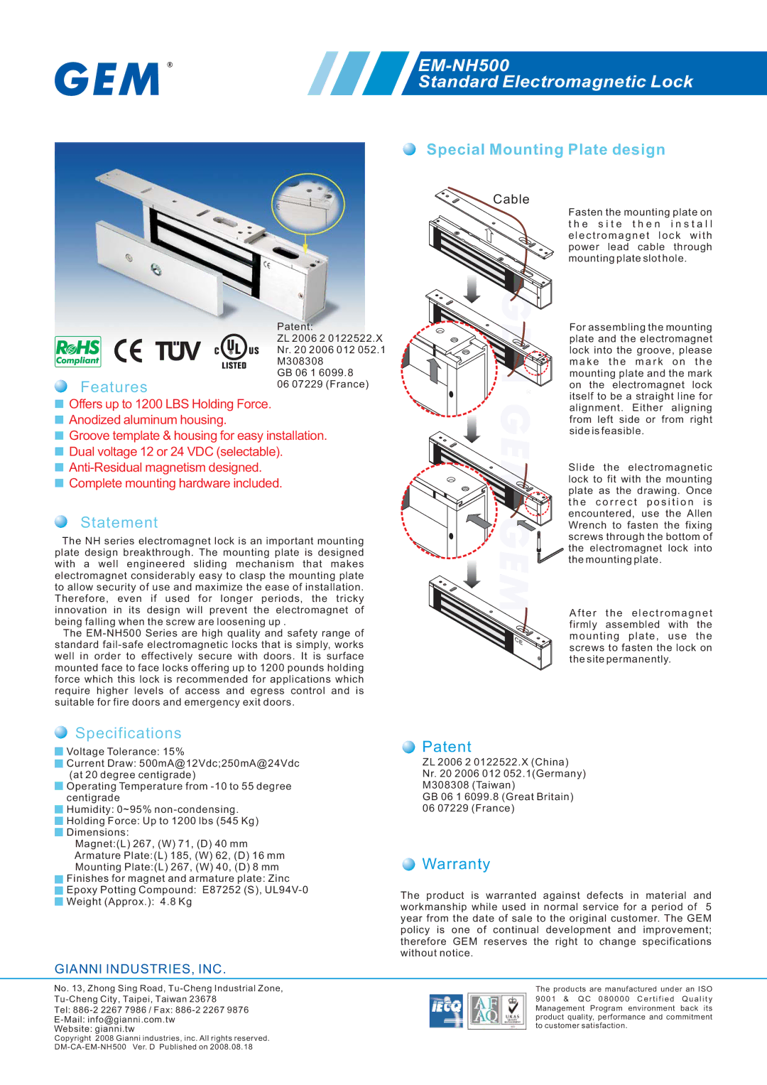 Gianni Industries EM-NH500 warranty Features, Statement, Specifications, Patent, Warranty 