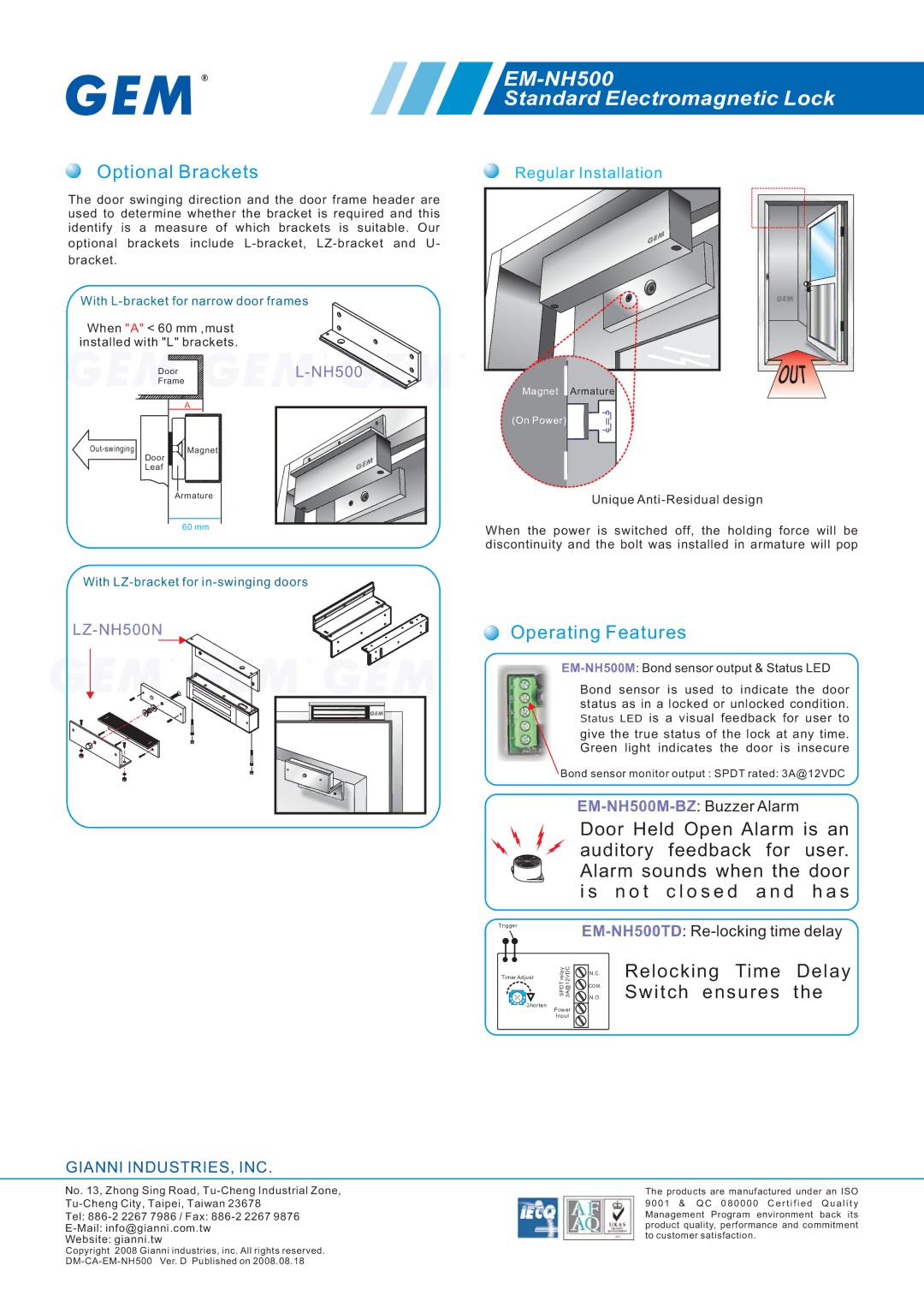 Gianni Industries EM-NH500 warranty Optional Brackets, Operating Features 