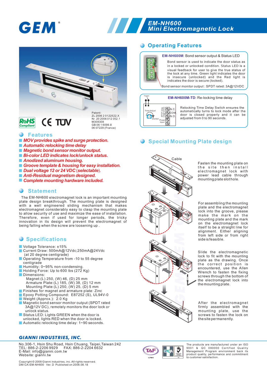 Gianni Industries EM-NH600 specifications Statement, Specifications, Operating Features, Special Mounting Plate design 