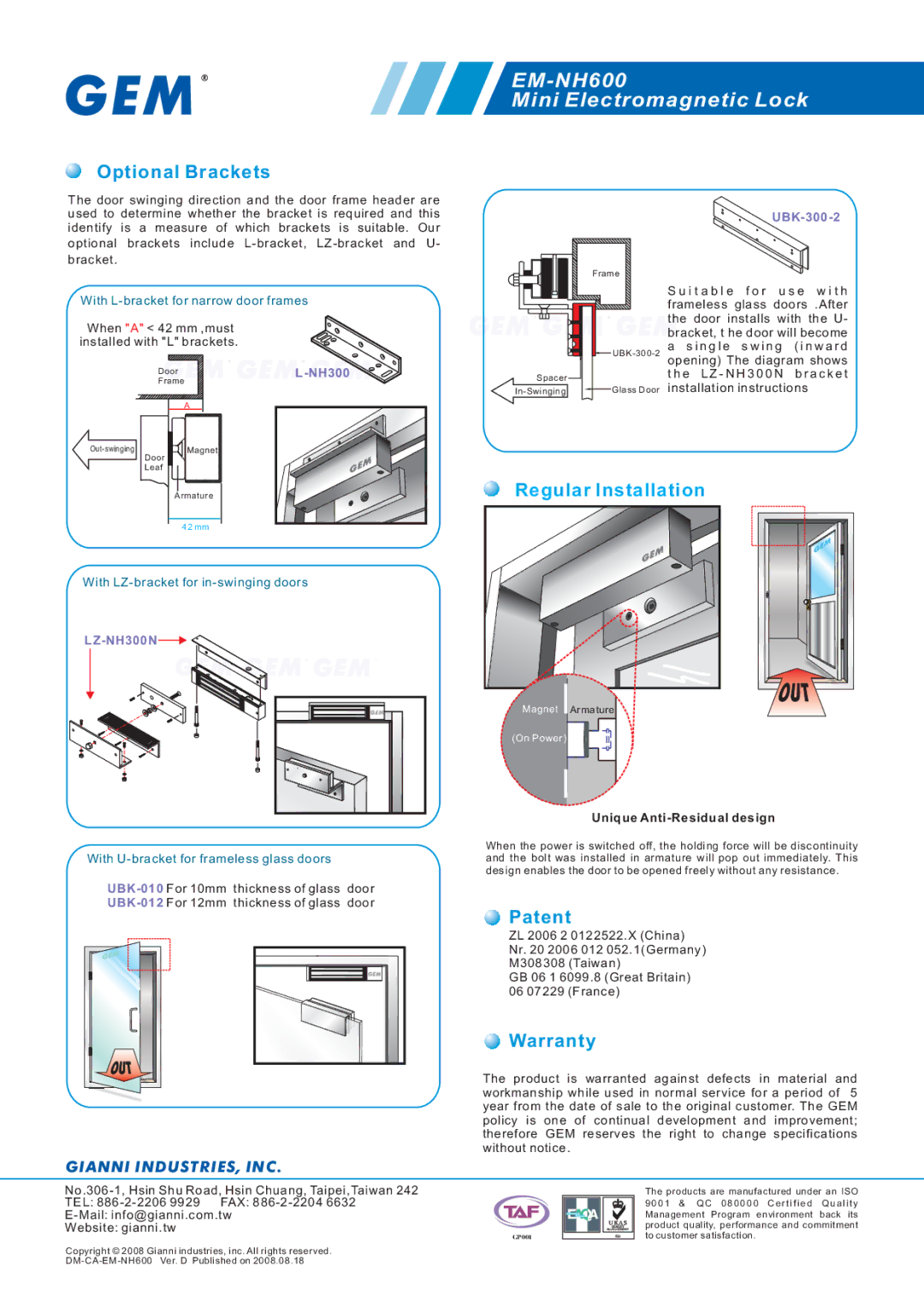 Gianni Industries EM-NH600 specifications Optional Brackets, Patent, Warranty 