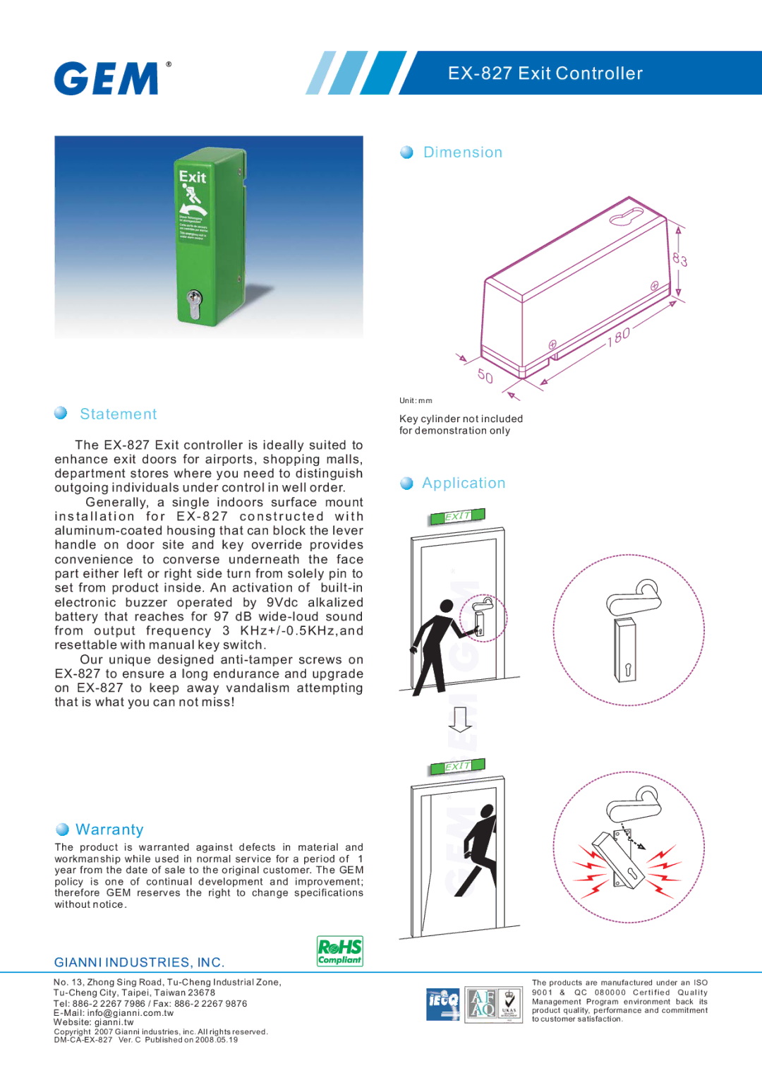 Gianni Industries warranty EX-827 Exit Controller, Statement, Dimension, Application, Warranty 