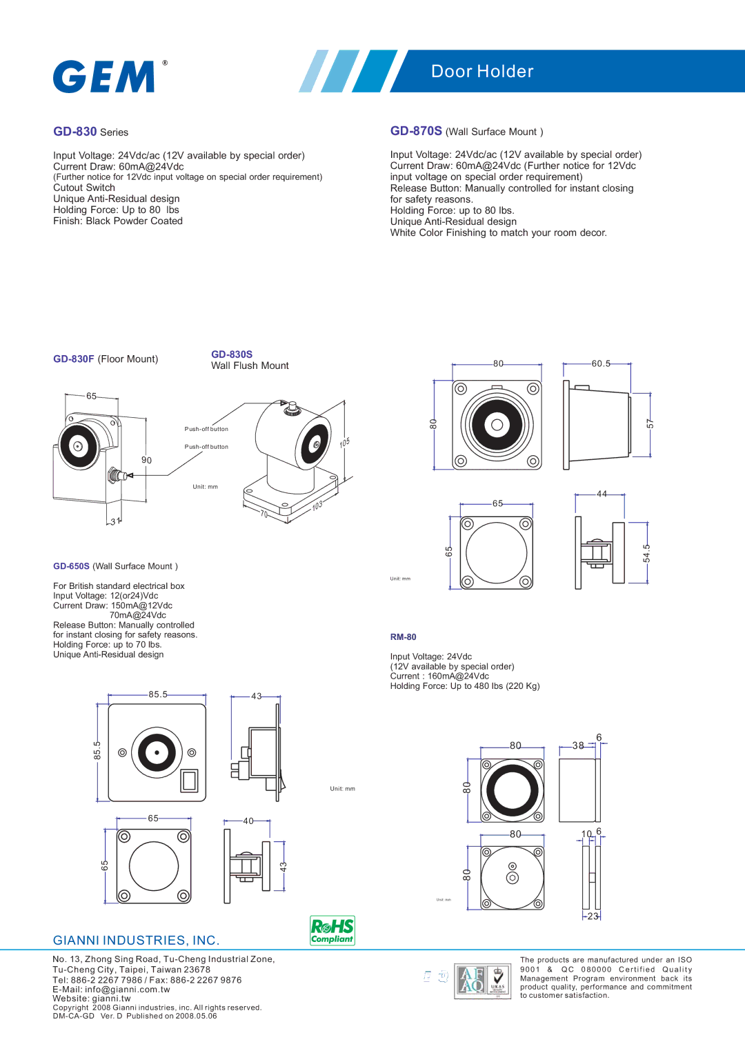 Gianni Industries GD-900F, GD-900WS, SMB-050 warranty GD-830 Series, GD-830F, GD-830S 