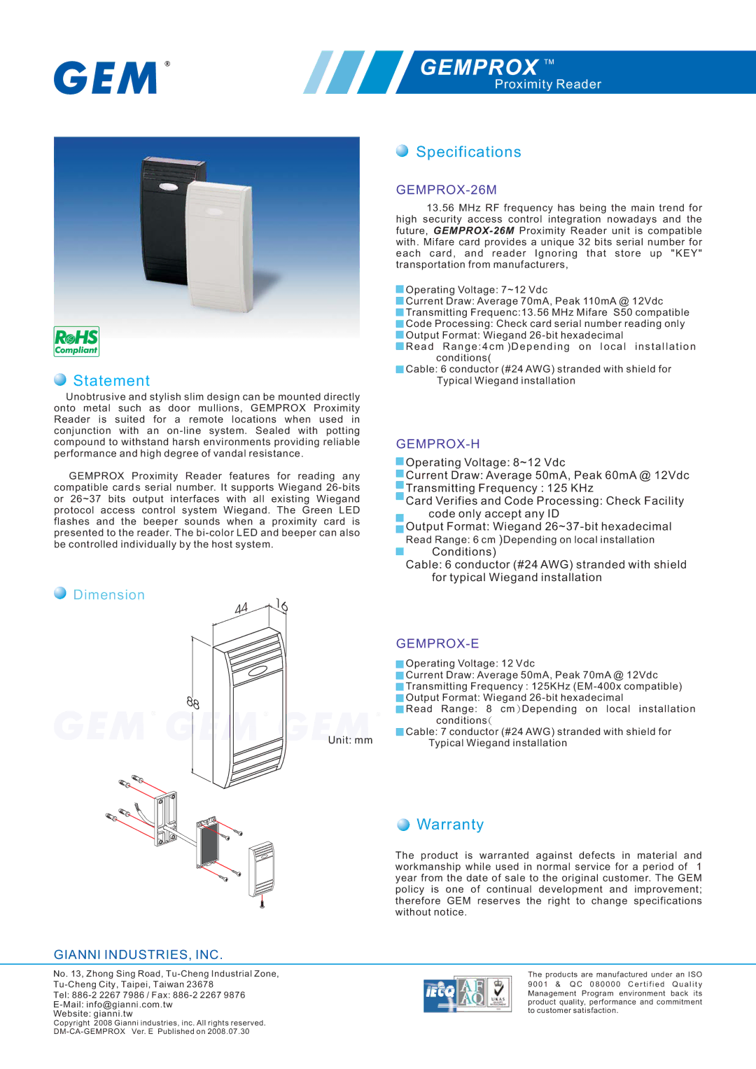 Gianni Industries Gemprox-H, Gemprox-26M, Gemprox-E warranty Statement, Specifications, Warranty, Dimension 