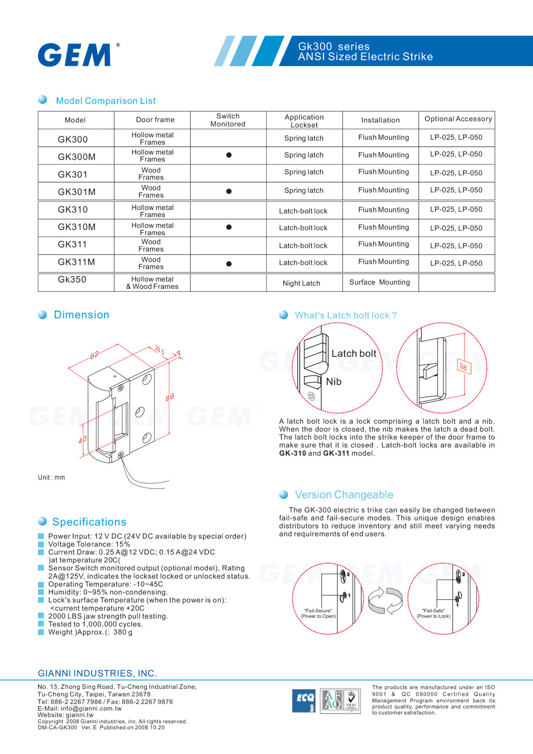 Gianni Industries GK301M, GK300M, Gk301 manual Specifications, Version Changeable 