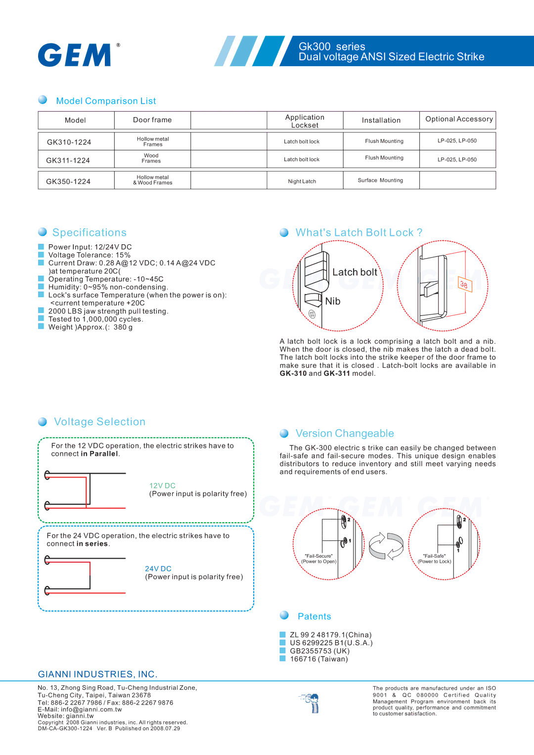 Gianni Industries Gk300 Series, GK350-1224 Specifications, Whats Latch Bolt Lock ?, Voltage Selection, Version Changeable 