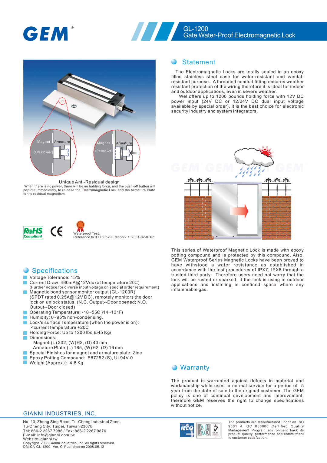 Gianni Industries specifications GL-1200 Gate Water-Proof Electromagnetic Lock, Statement, Specifications, Warranty 