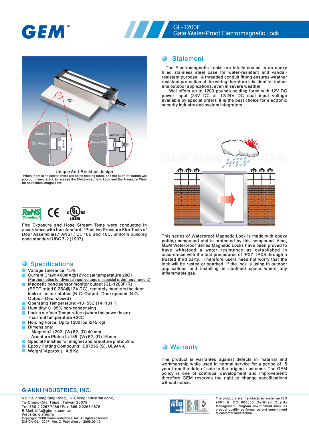 Gianni Industries specifications GL-1200F Gate Water-Proof Electromagnetic Lock, Gianni Industries, Inc, Statement 