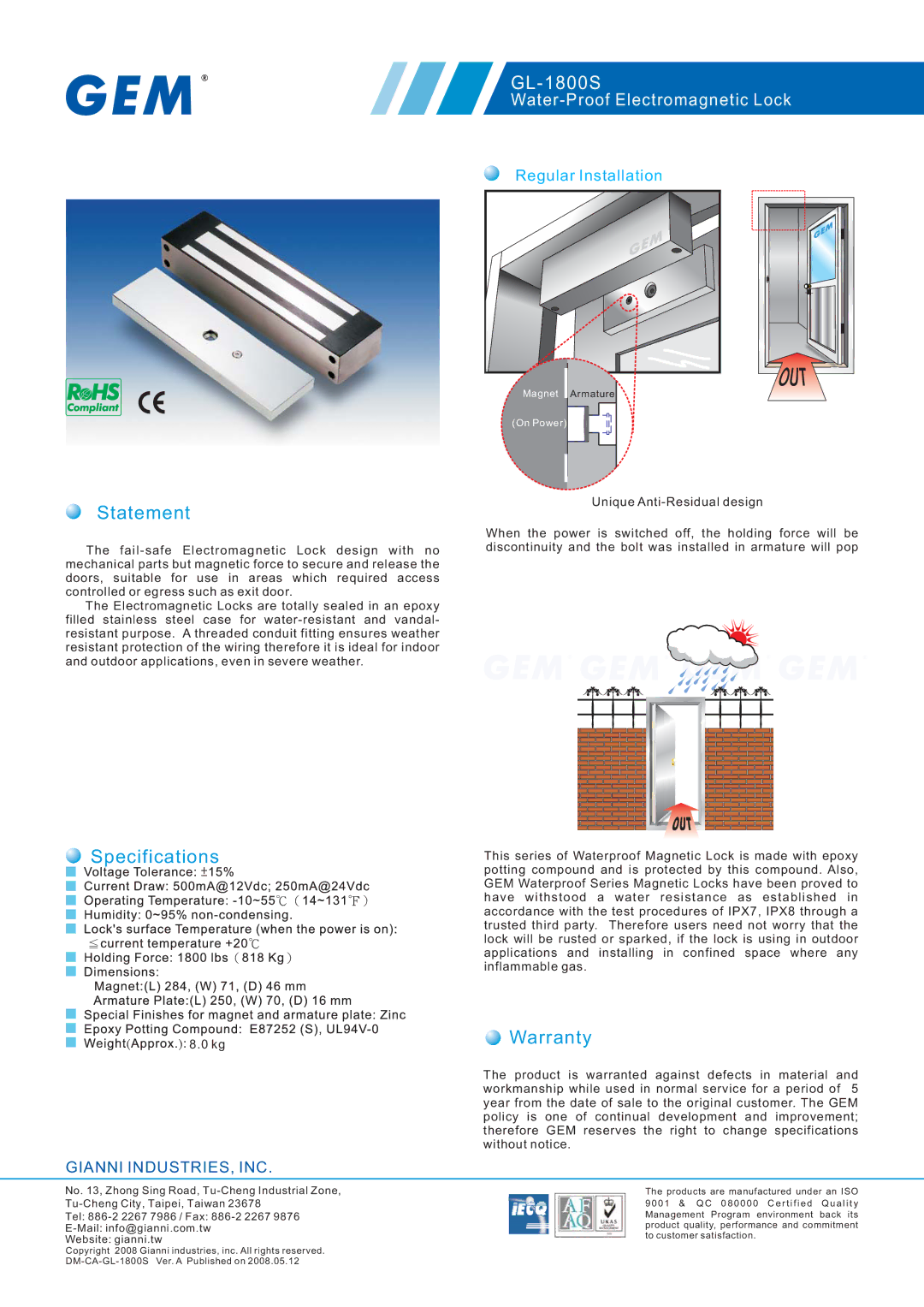 Gianni Industries GL-1800S specifications Statement, Specifications, Warranty, Water-Proof Electromagnetic Lock 