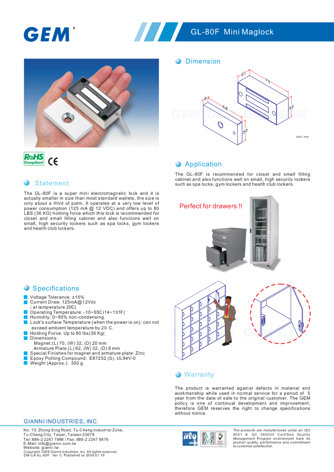 Gianni Industries specifications GL-80F Mini Maglock, Statement, Perfect for drawers, Warranty 