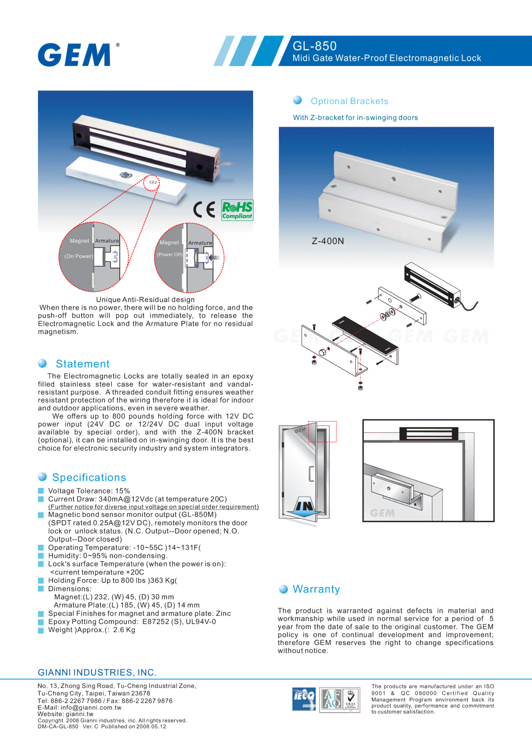 Gianni Industries Z-400N specifications GL-850, Statement, Specifications, Warranty, Gianni INDUSTRIES, INC 