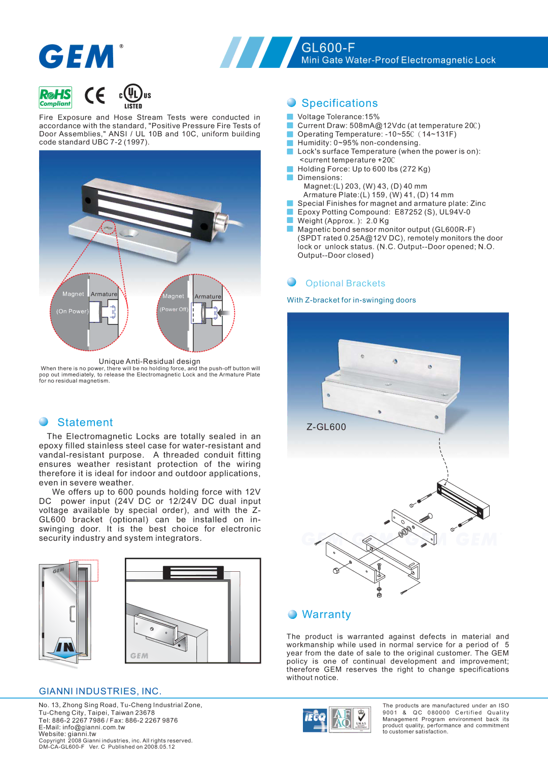 Gianni Industries GL600-F specifications Specifications, Statement, Warranty, Gianni INDUSTRIES, INC 