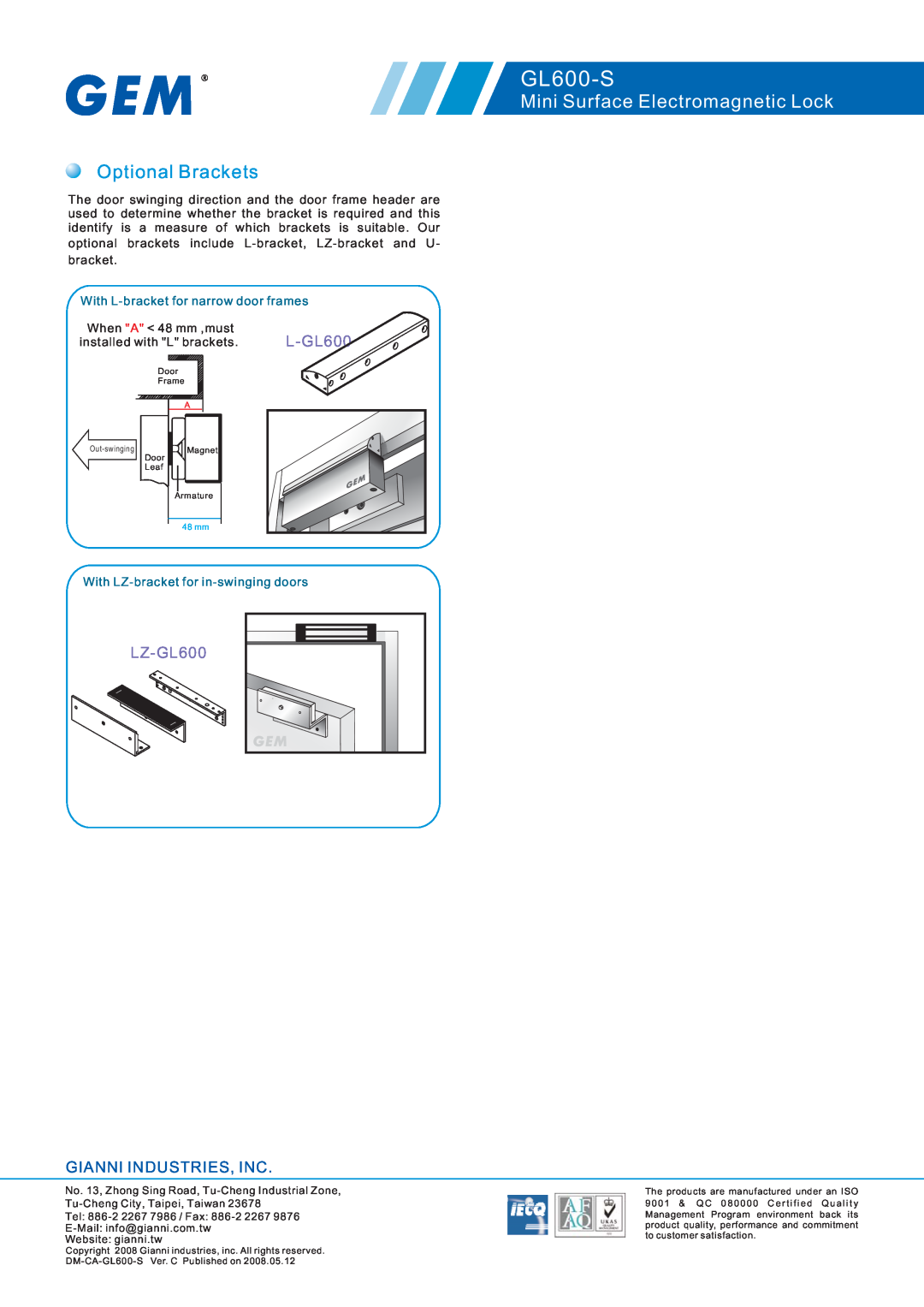 Gianni Industries GL600-S Optional Brackets, Mini Surface Electromagnetic Lock, L-GL600, LZ-GL600, Gianni Industries, Inc 