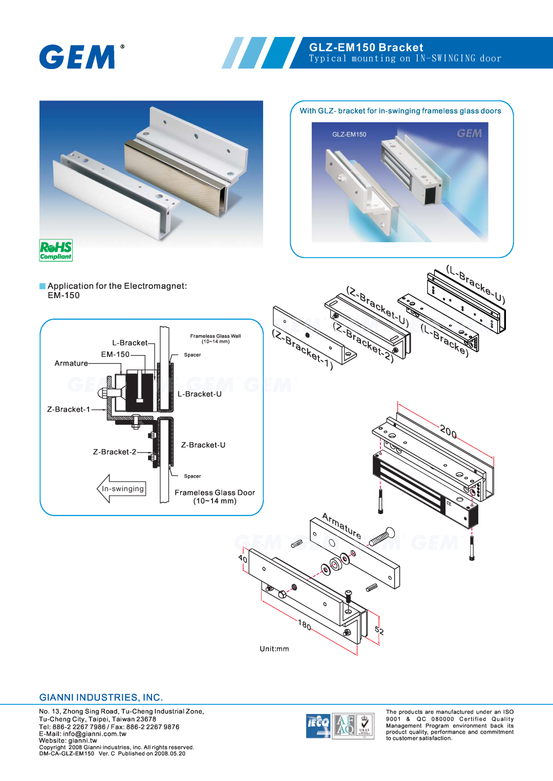 Gianni Industries manual Armature, GLZ-EM150 Bracket, Gianni Industries, Inc, Application for the Electromagnet 