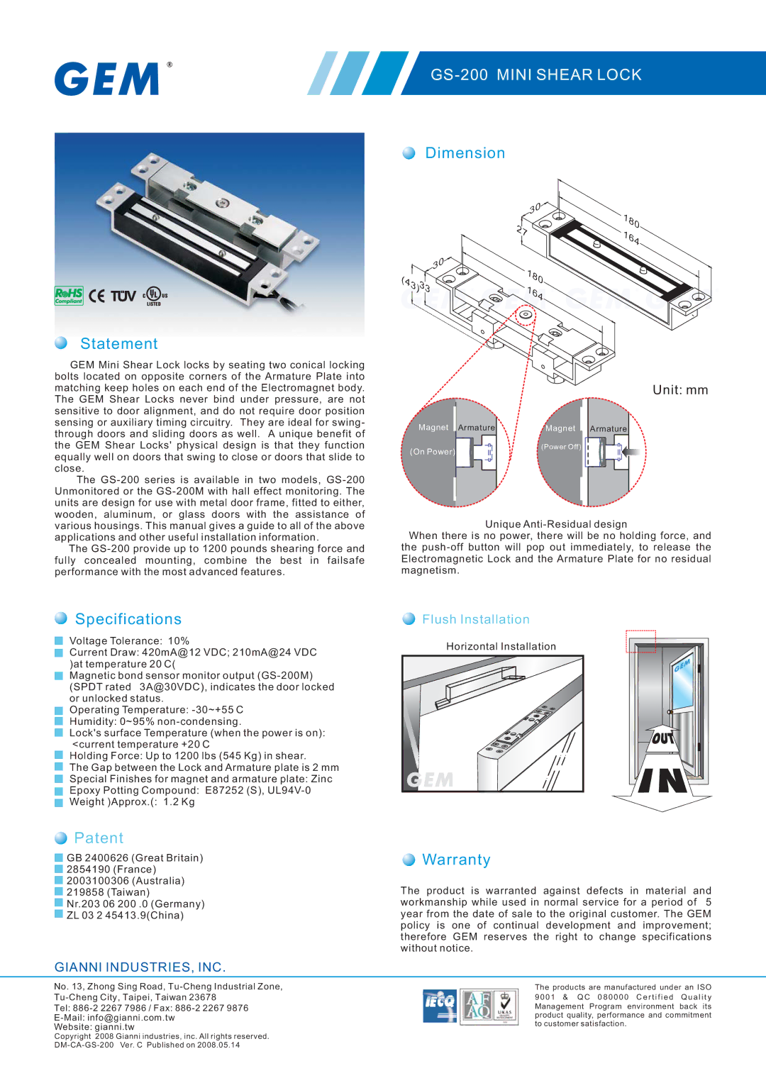 Gianni Industries GS-200 specifications Statement, Dimension, Specifications, Warranty 