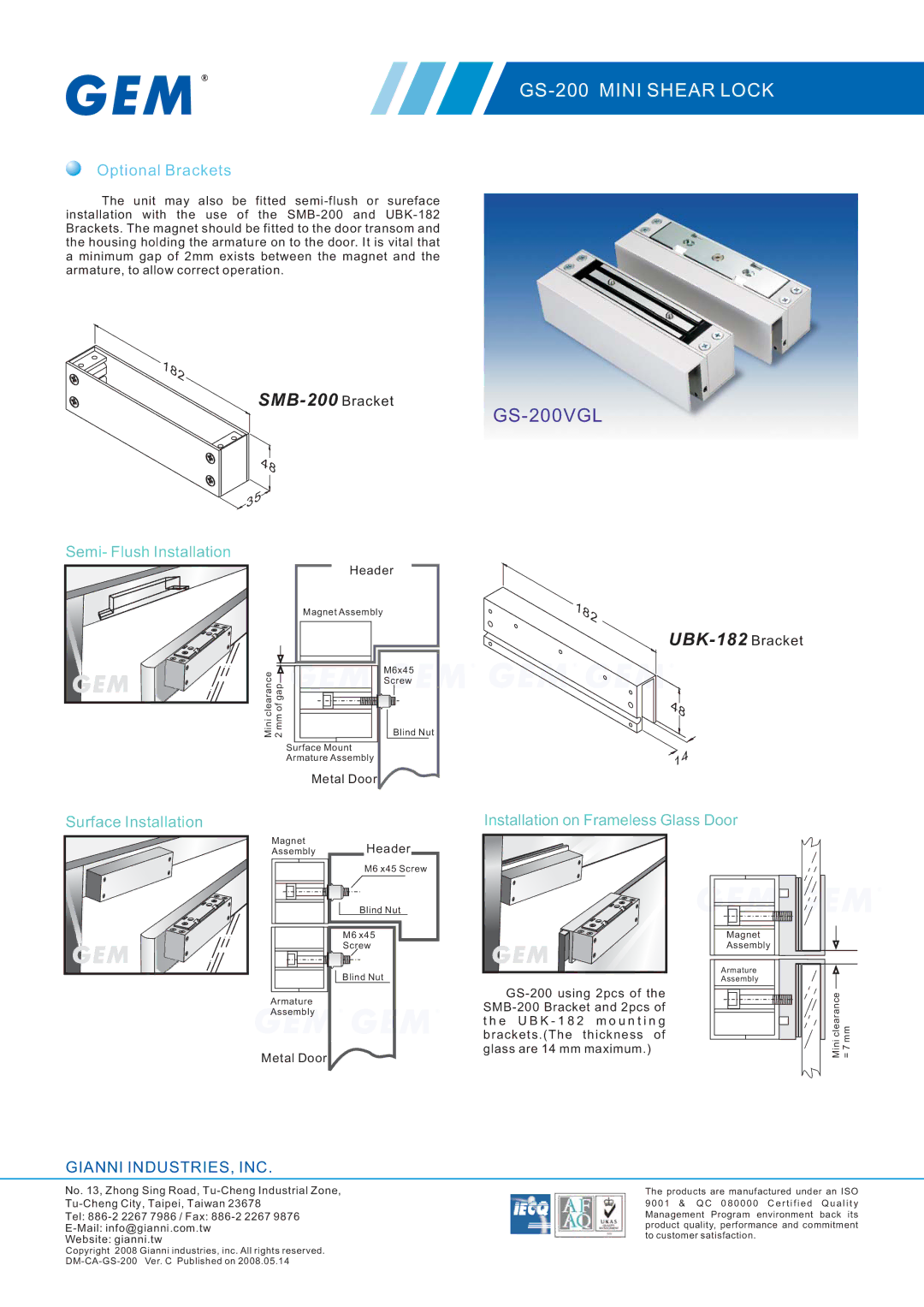 Gianni Industries GS-200 specifications SMB-200 Bracket, UBK-182 Bracket 