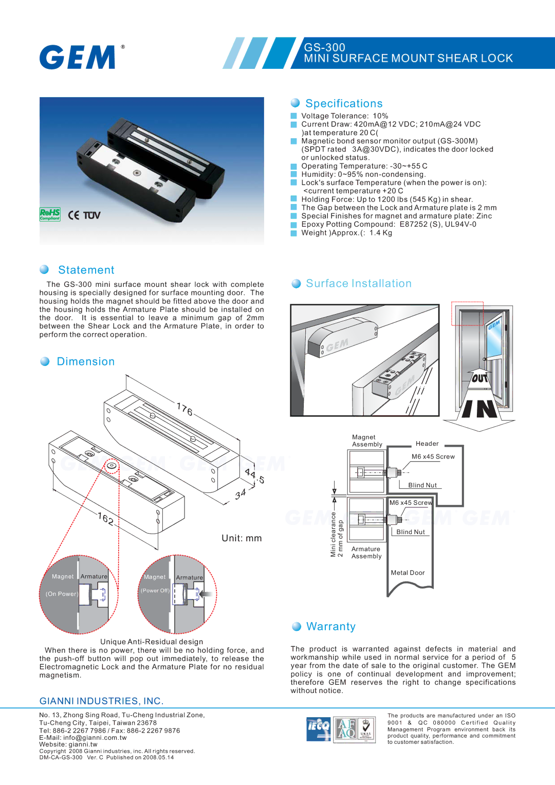 Gianni Industries GS-300 specifications 176 162, Mini Surface Mount Shear Lock, Surface Installation 